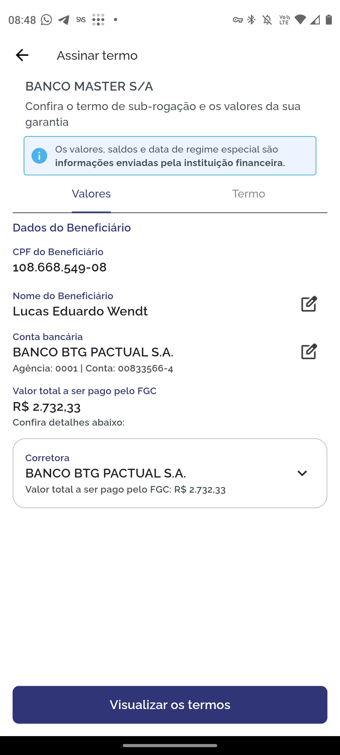 Confirmação dos dados de pagamento e aceite dos termos