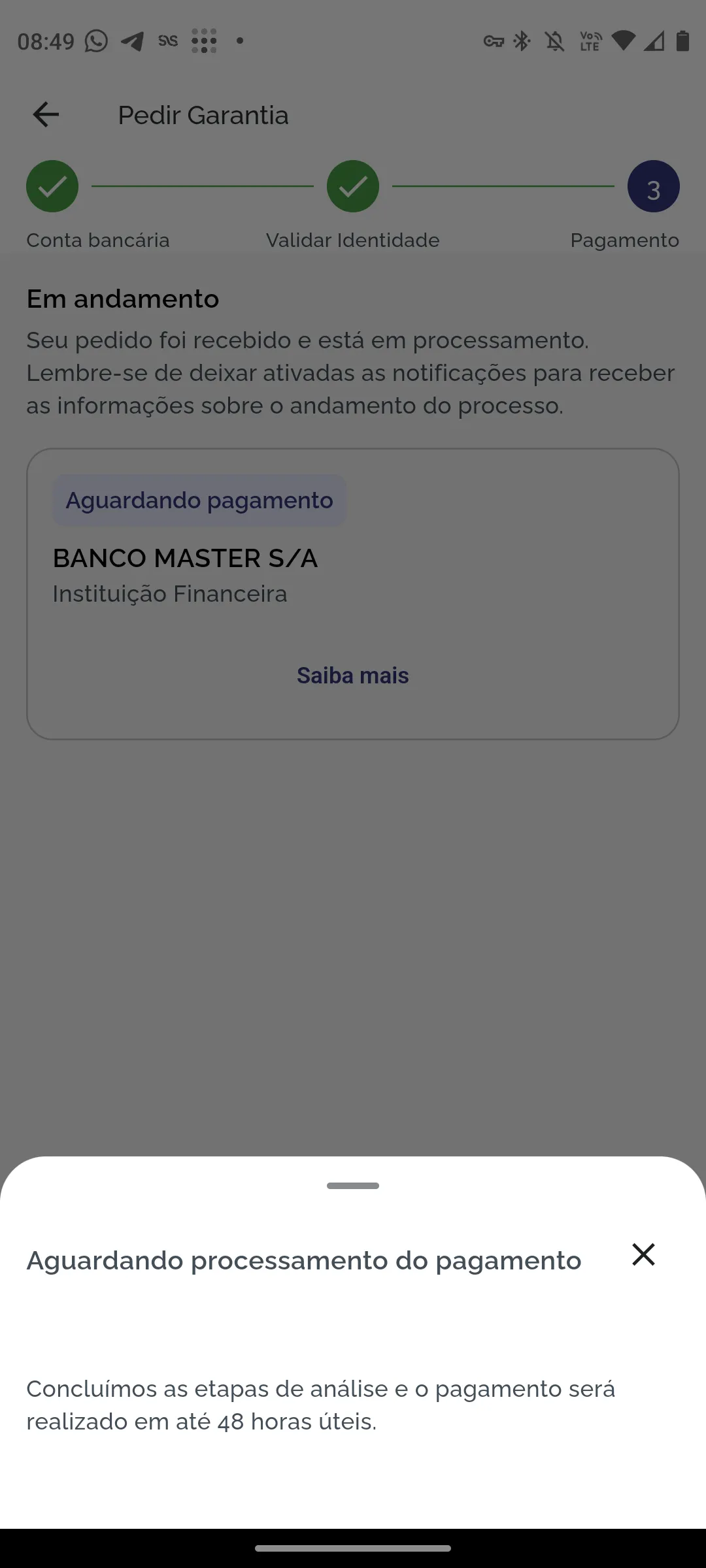 Confirmação de que o pagamento está sendo processado