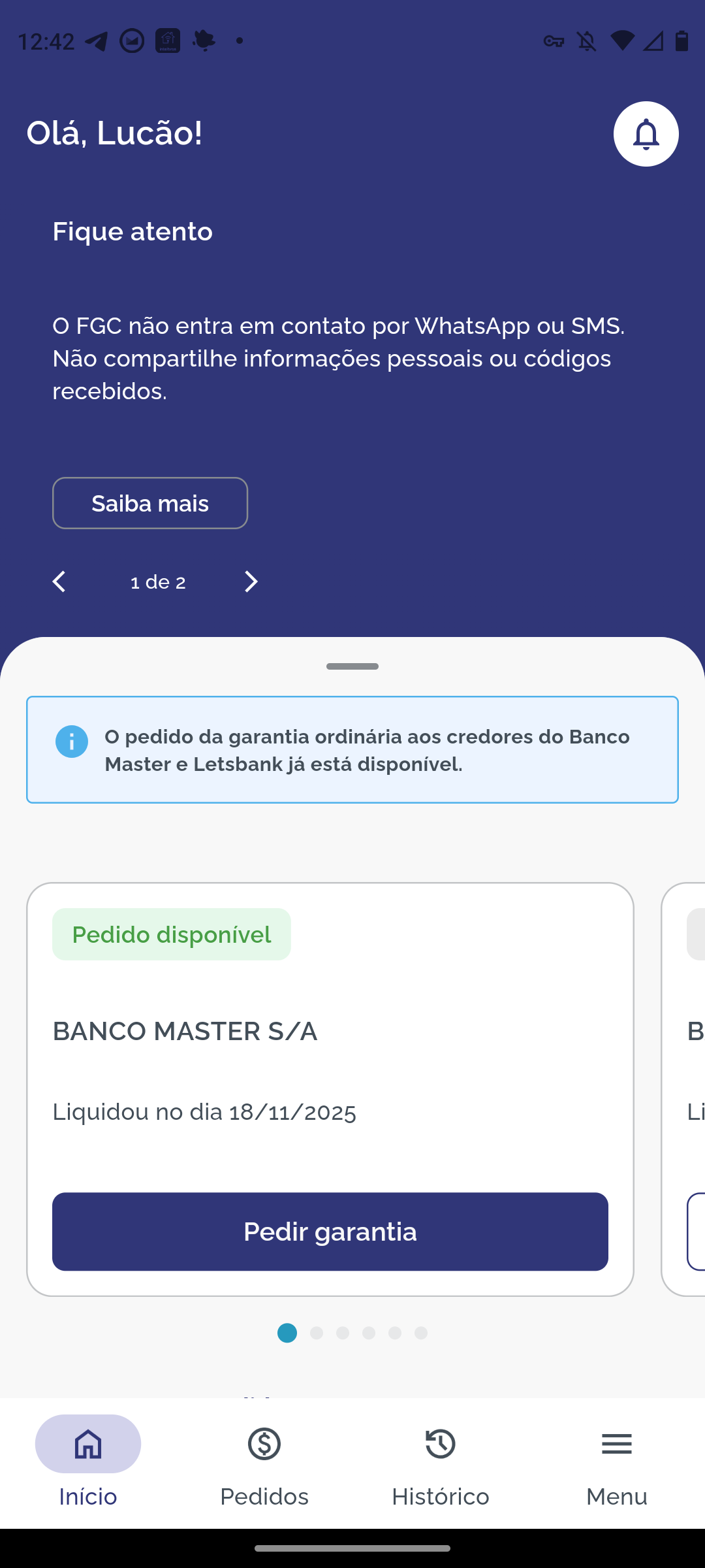 Tela inicial do pedido de garantia no app do FGC