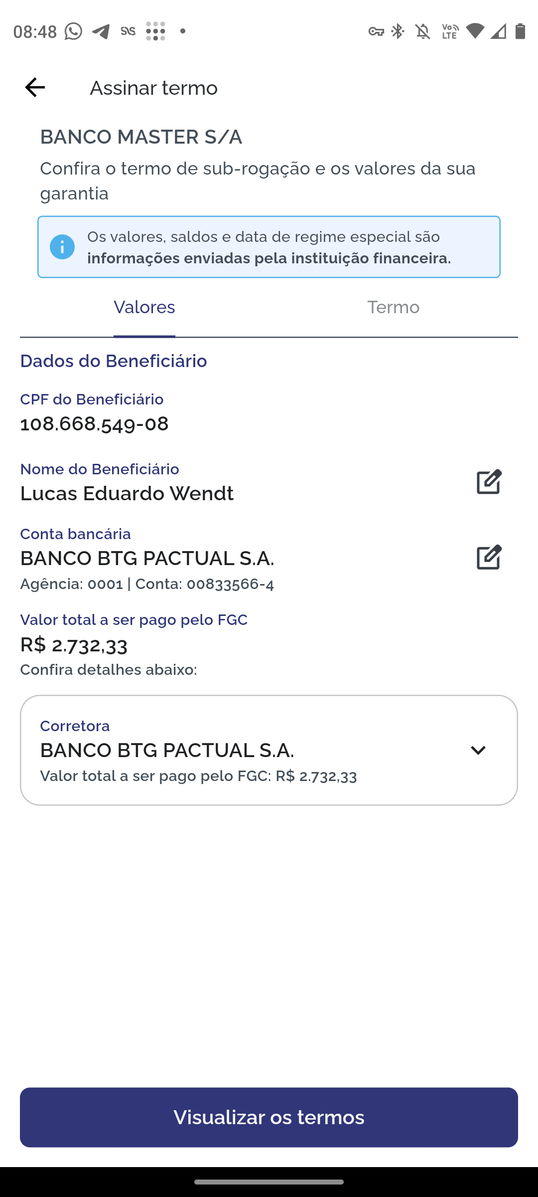 Confirmação dos dados de pagamento e aceite dos termos