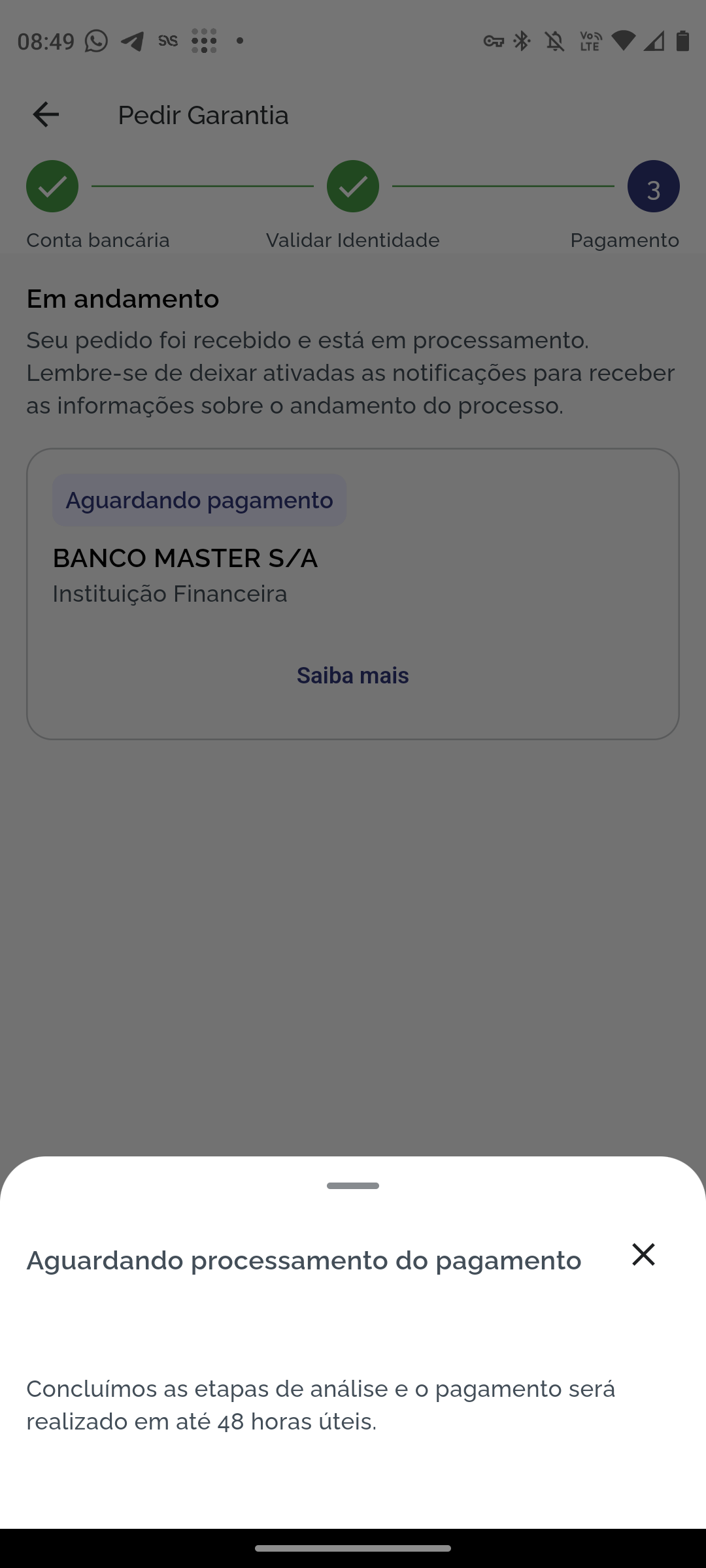 Confirmação de que o pagamento está sendo processado